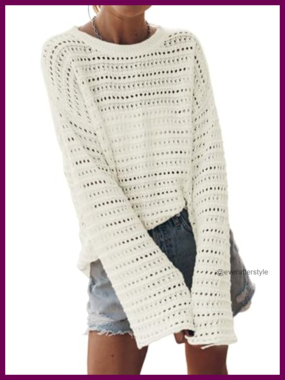 Crochet Knit Pullover Sweater Long Sleeve Crew Neck Lightweight Hollow Out